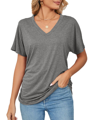 Relaxed grey V-neck short sleeve t-shirt with draping detail.