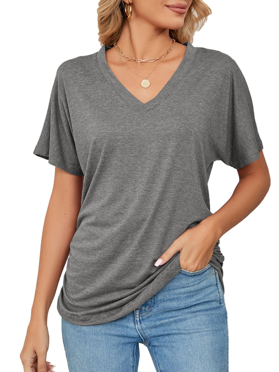 Relaxed grey V-neck short sleeve t-shirt with draping detail.
