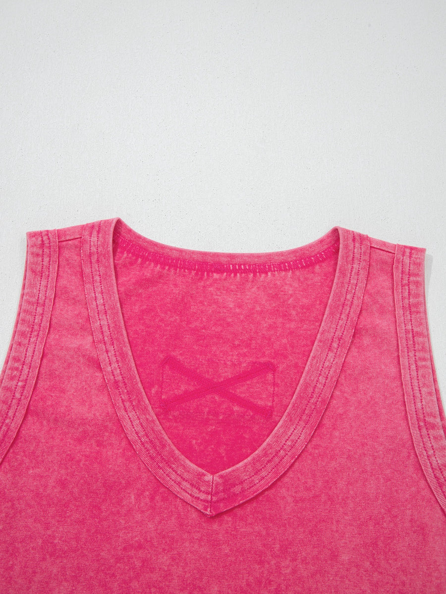Textured cotton v-neck tank top in pink with a subtle X detail on the chest.