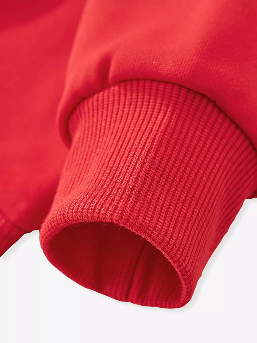 Red baby sweatshirt cuff detail, ribbed knit trim
