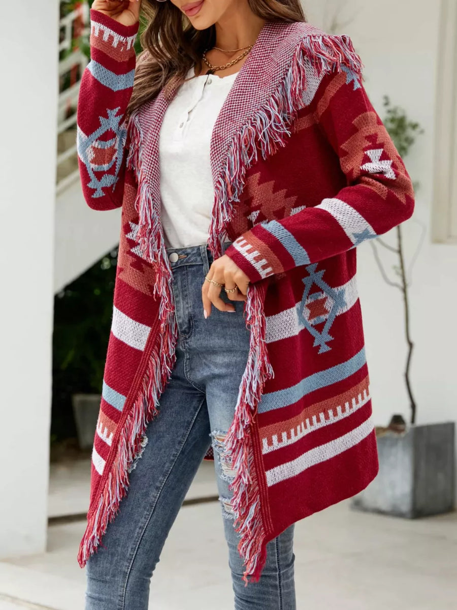 Fringe Geometric Hooded Cardigan in Deep Red