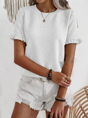 White textured t-shirt with ruffled short sleeves and crew neck.