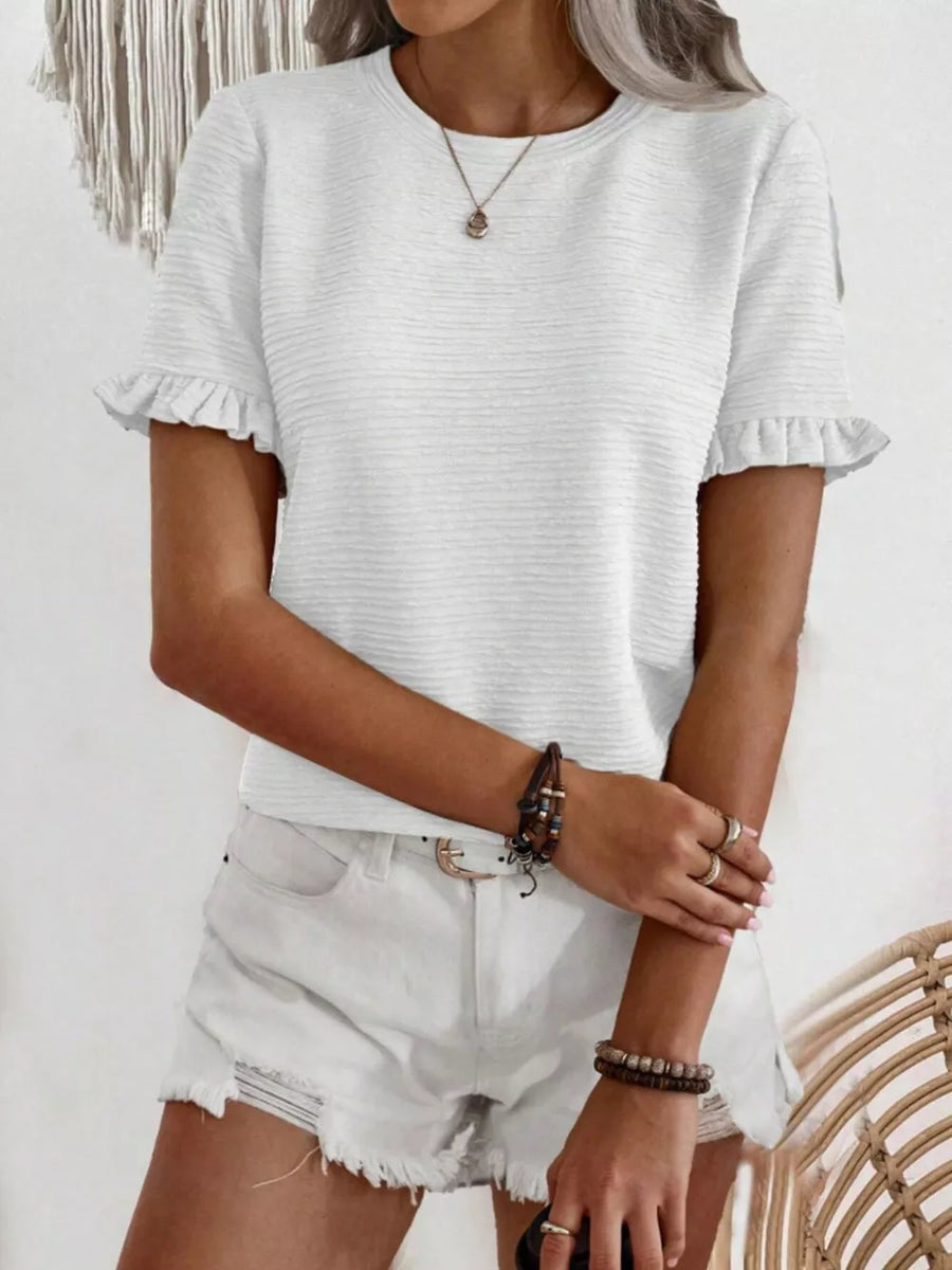 White textured t-shirt with ruffled short sleeves and crew neck.