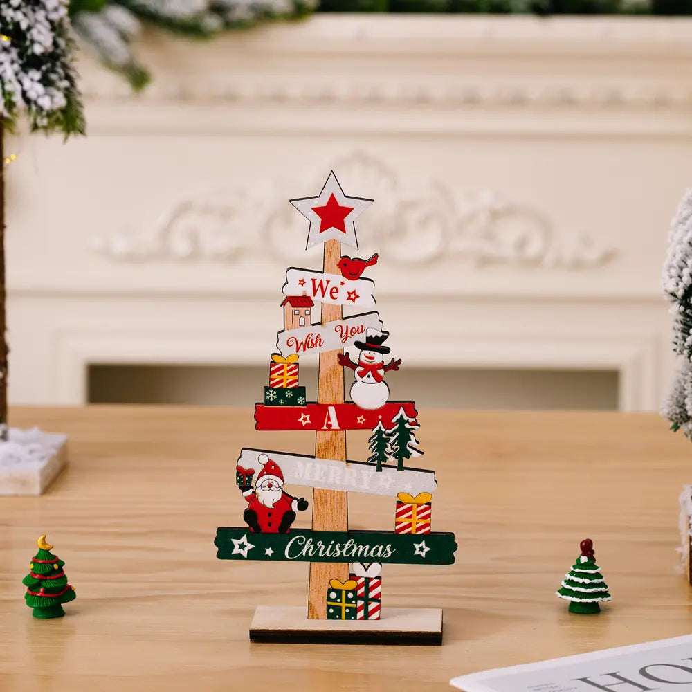 Holiday signpost tabletop decor with Santa, snowman, and Christmas tree designs.