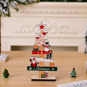 Holiday signpost tabletop decor with Santa, snowman, and Christmas tree designs.