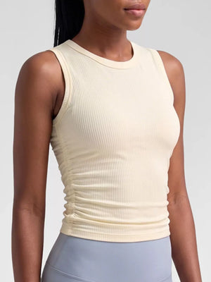 pale yellow athletic tank with ribbed and crew neck