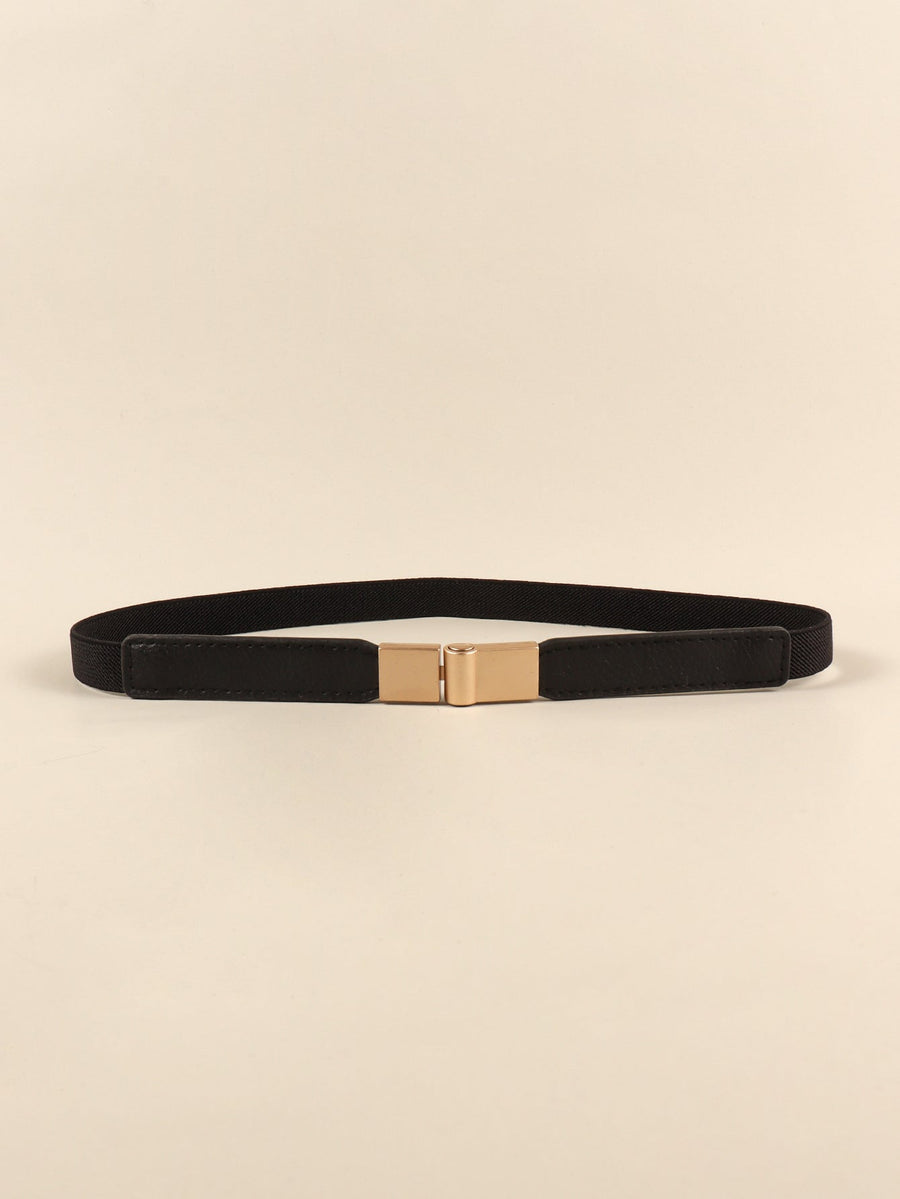 Black elasticated belt with leather detail and gold buckle