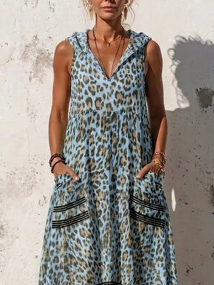 Sleeveless Hooded Leopard Print Maxi Dress in Green