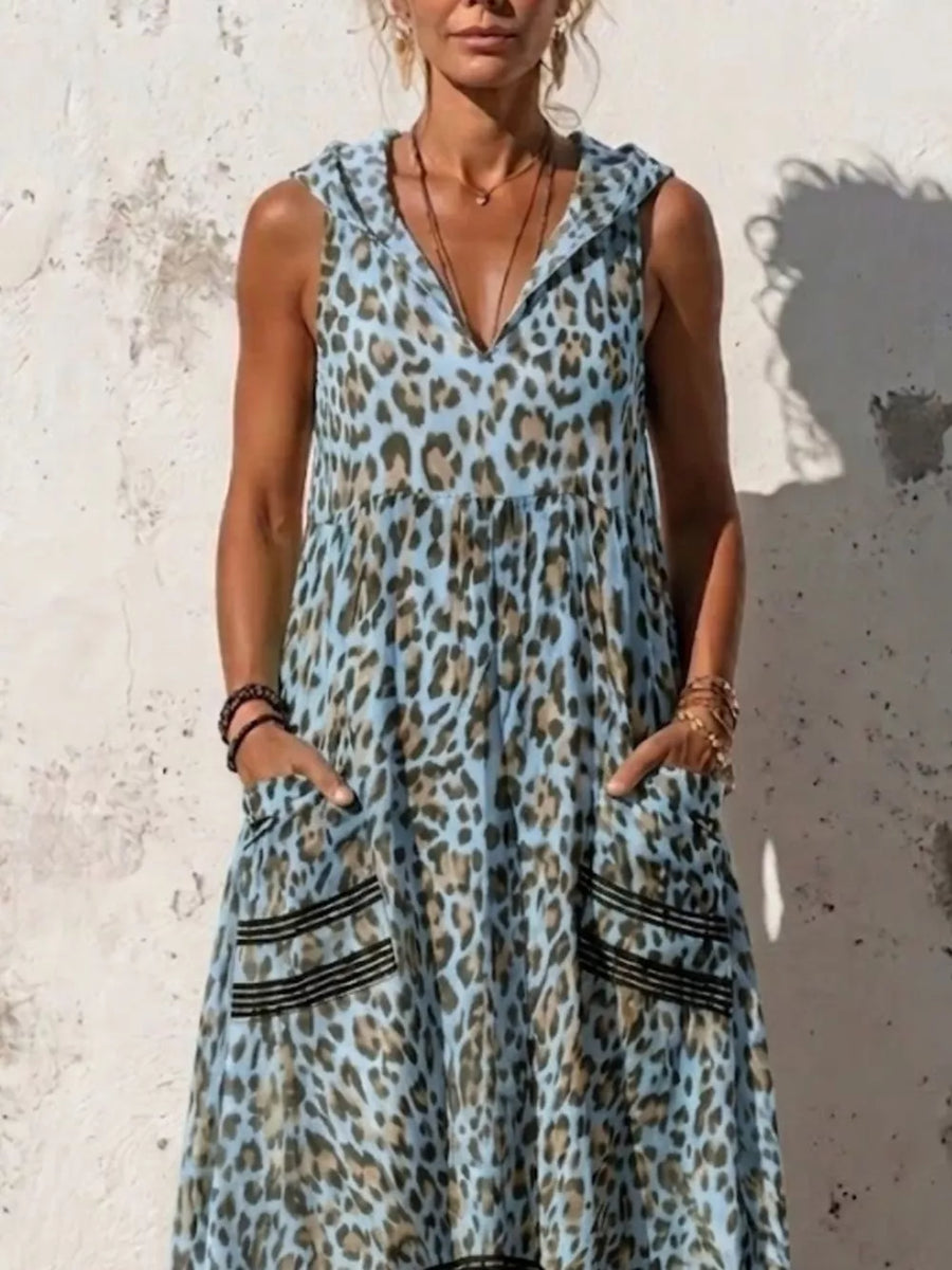 Sleeveless Hooded Leopard Print Maxi Dress in Green