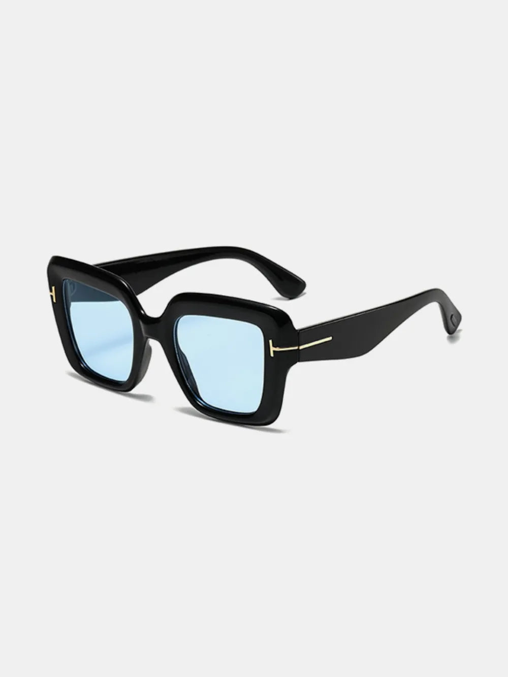 Black geometric acetate sunglasses with blue lenses and gold accents