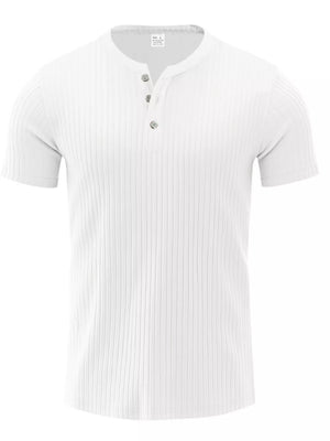 White ribbed henley t-shirt for men with short sleeves and button detail.