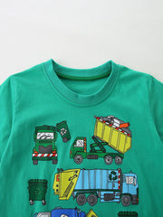 Green cotton toddler t-shirt with vehicle print and crew neck.