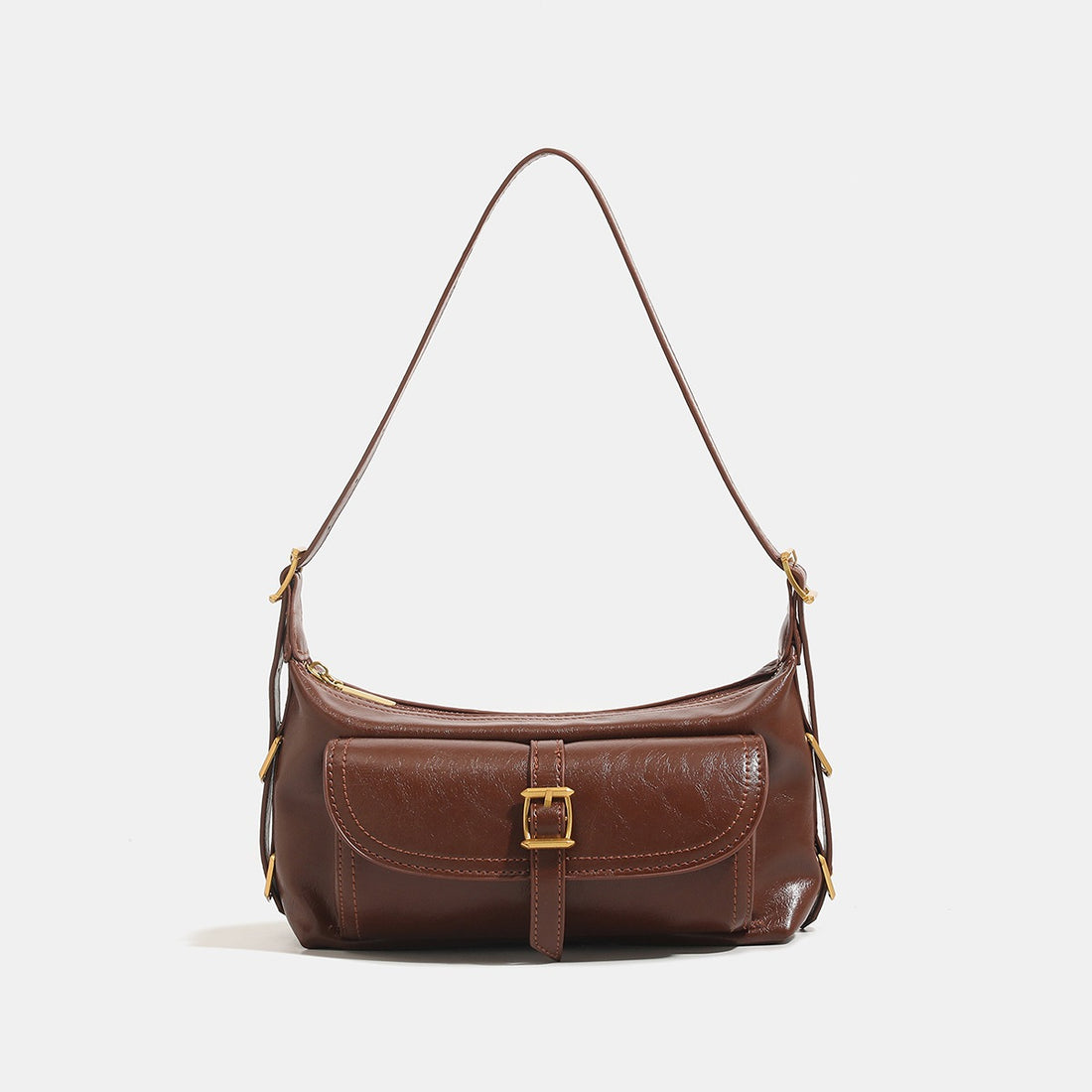 Vintage PU Leather Shoulder Bag With Buckle in dark brown with buckle detail