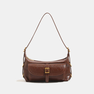 Vintage PU Leather Shoulder Bag With Buckle in dark brown with buckle detail