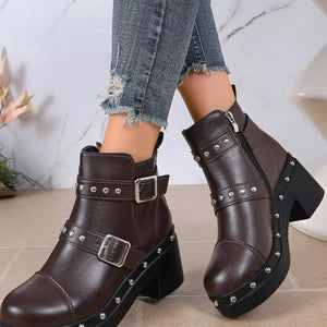 Round Toe Block Heel Boots in black with block heel