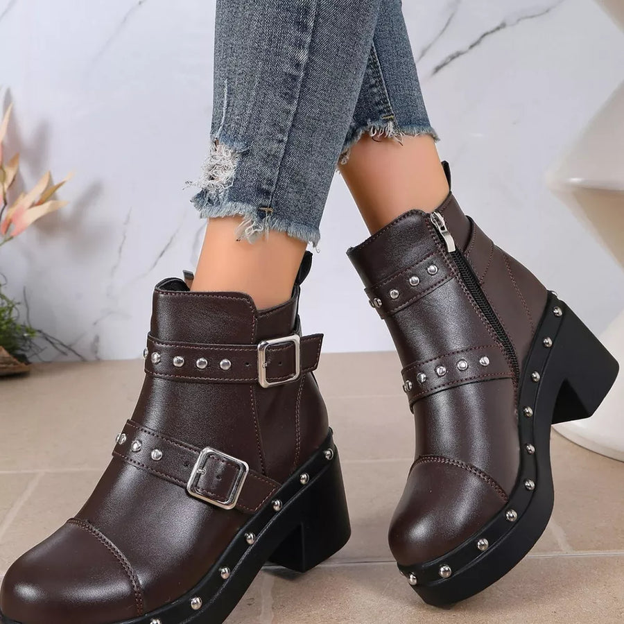 Round Toe Block Heel Boots in black with block heel