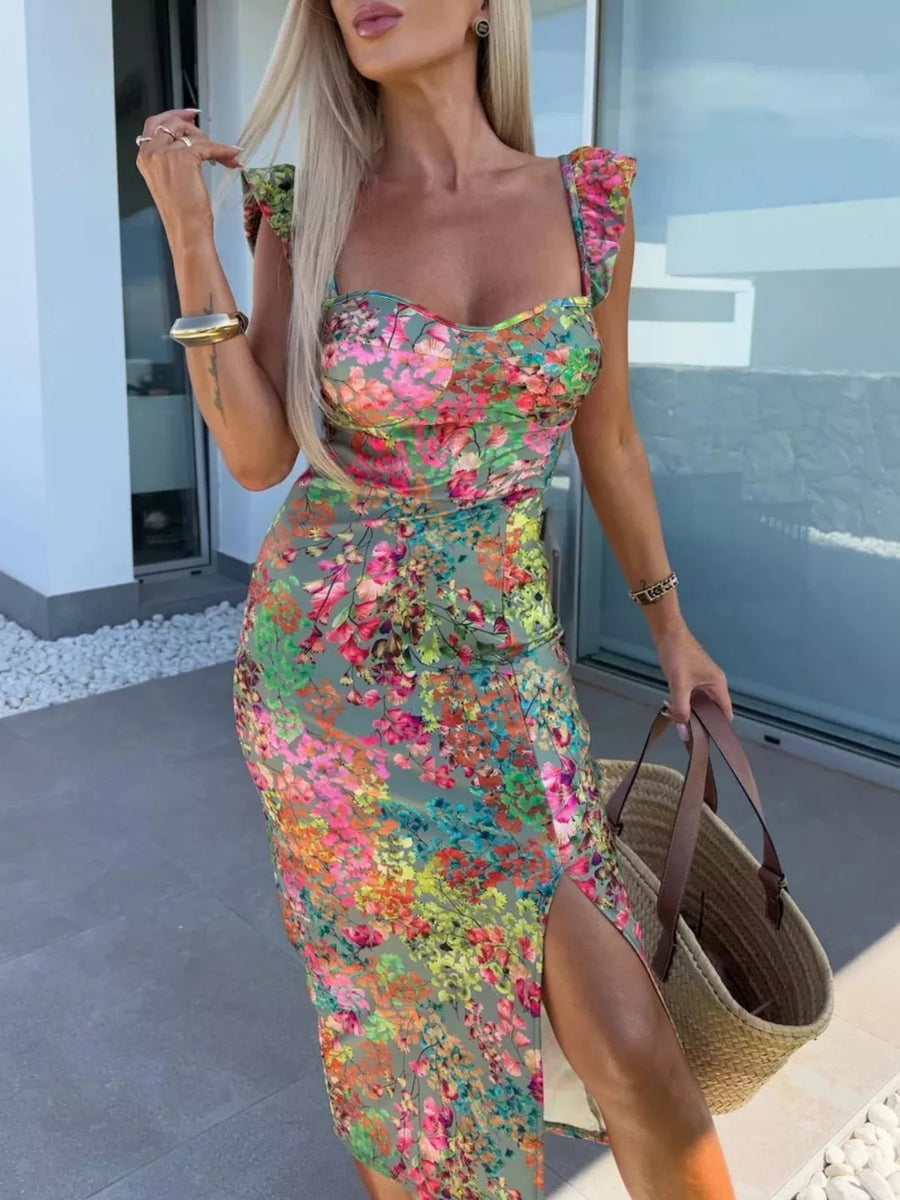 Floral sweetheart midi dress with ruffle sleeves and a high slit.