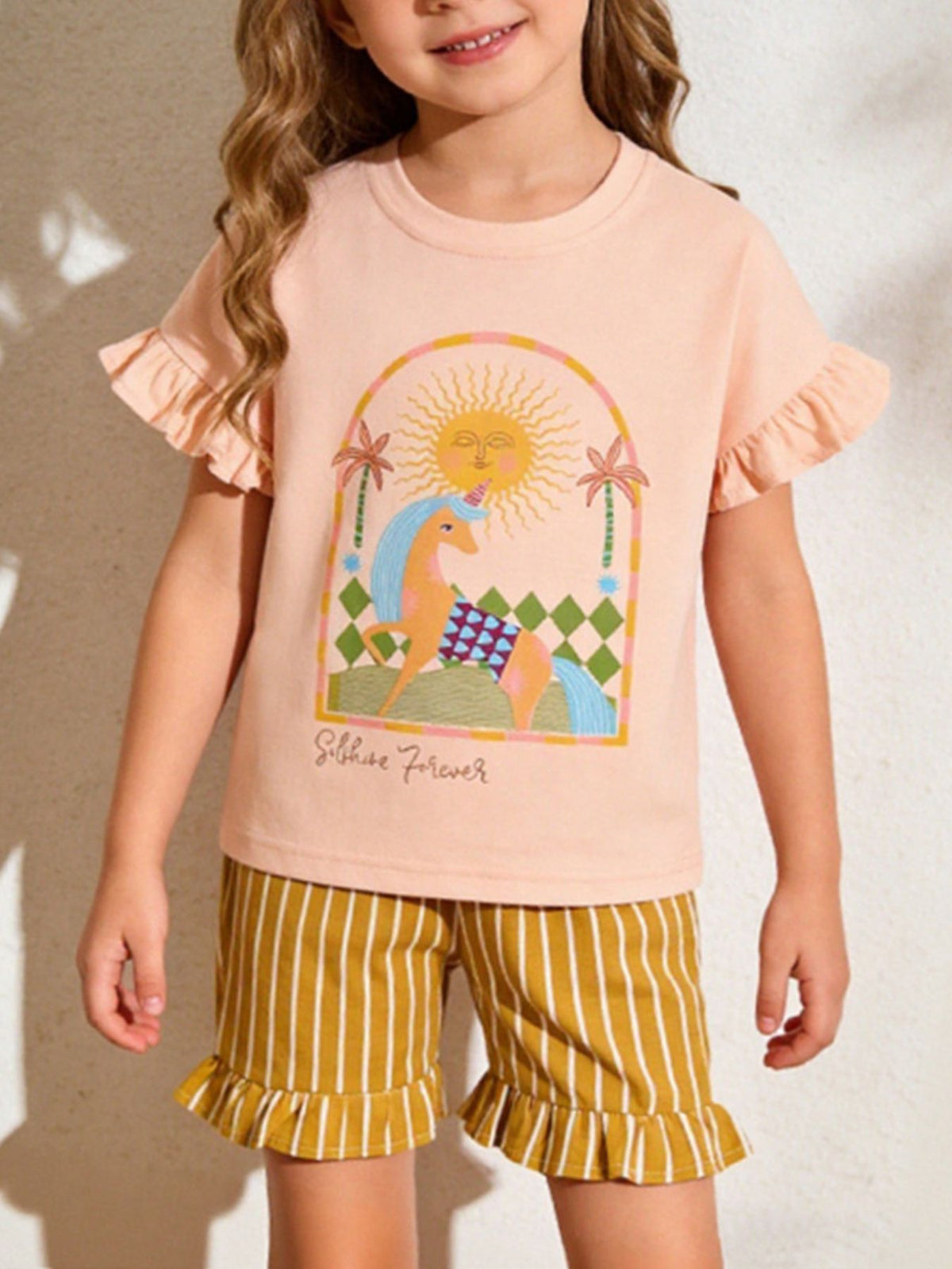 Vonili apricot graphic tee and shorts set for kids