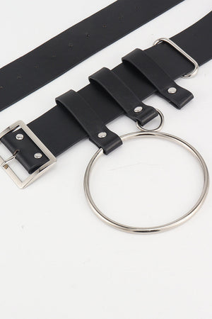 Black leather belt with silver buckle and large ring detail