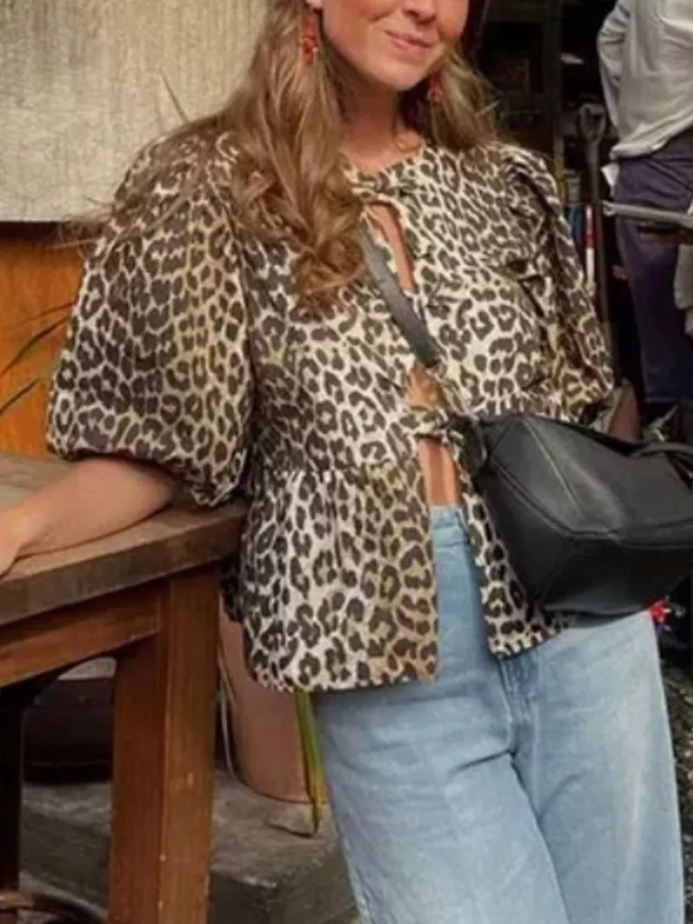 brown blouse with leopard and round neck