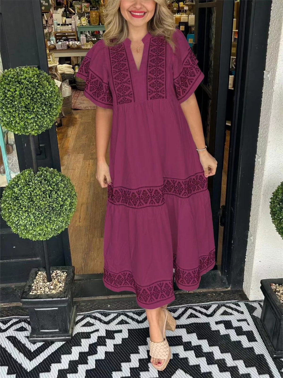 Pink Full Size Geometric Print Midi Dress Plus Size
