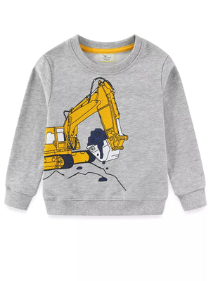 Gray crew-neck sweatshirt with yellow excavator graphic, cotton blend, long sleeves.