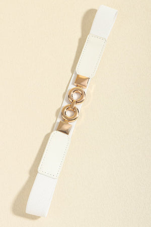 White elastic belt with gold interlocking rings and square buckle detail