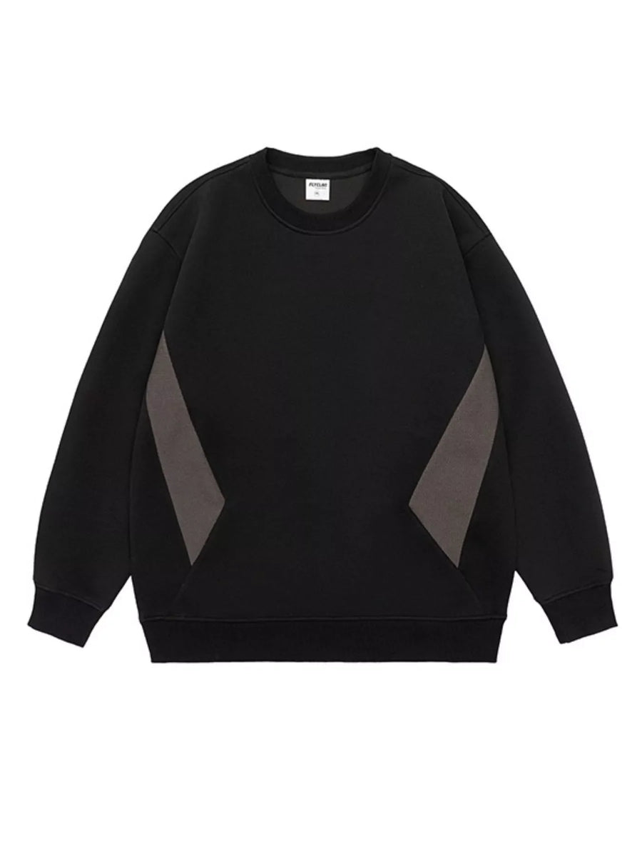 Black oversized cotton crew-neck sweatshirt with dark gray panel details.