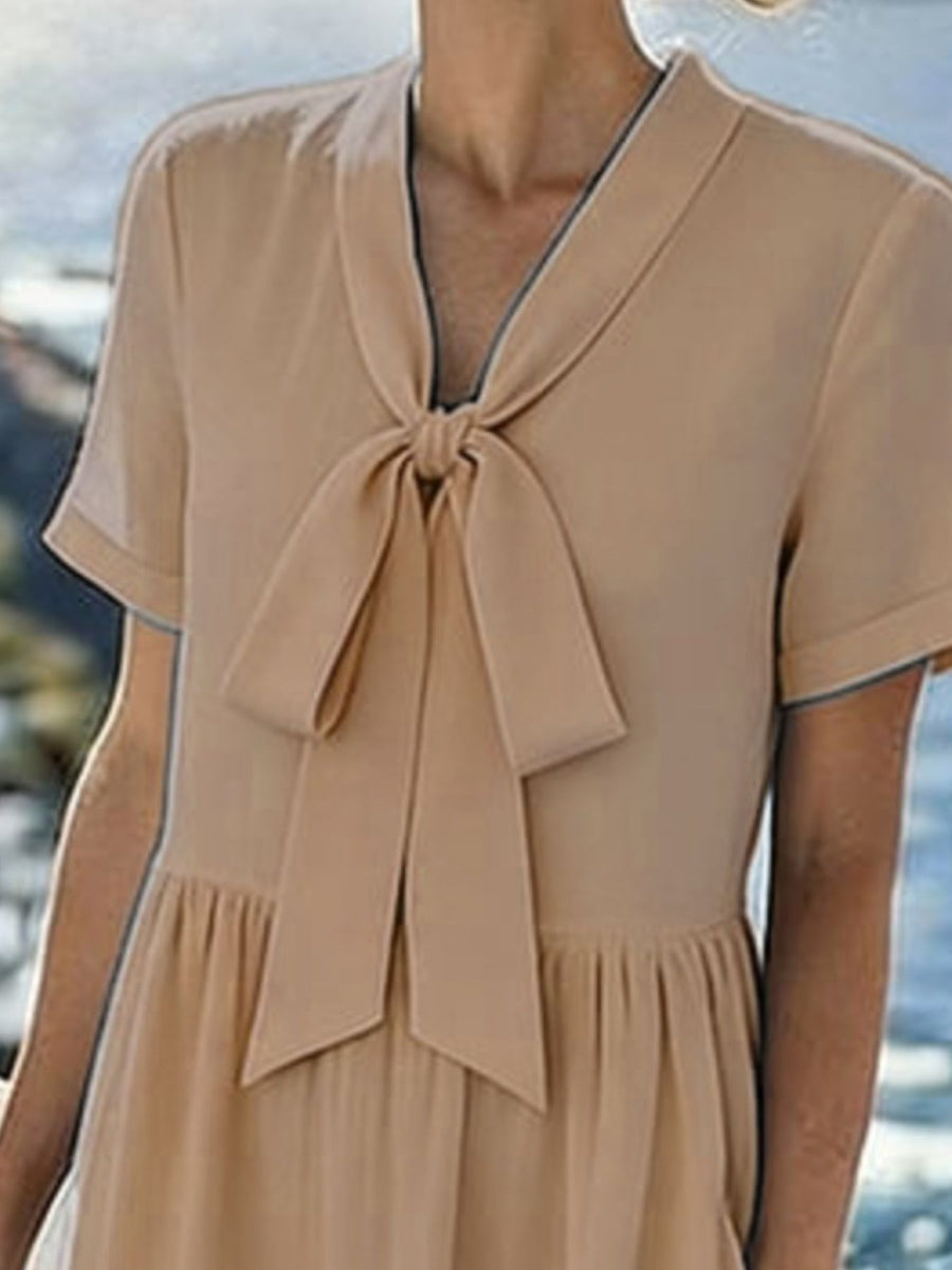 Apricot A-line midi dress with v-neck