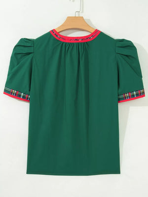 Dark Green with Plaid Trim V Neck Short Sleeve Blouse in Dark Green