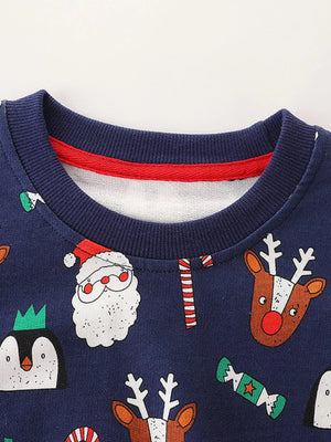 Children's dark navy crew neck sweatshirt with Christmas print, featuring Santa, reindeer, penguins, and candy canes.