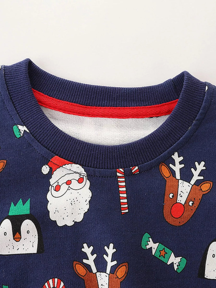 Children's dark navy crew neck sweatshirt with Christmas print, featuring Santa, reindeer, penguins, and candy canes.