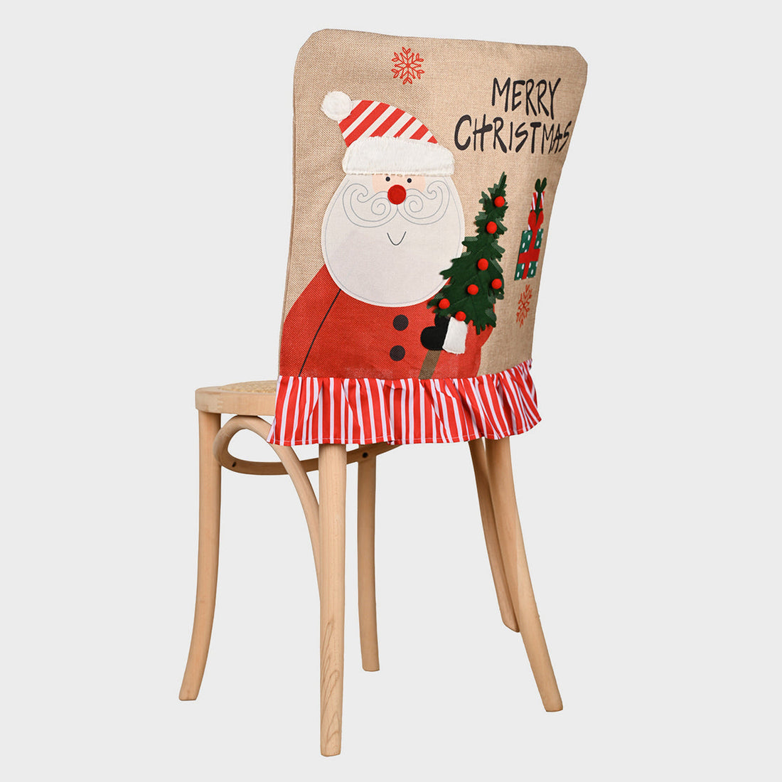 Christmas chair cover with Santa, tree, and red striped ruffle