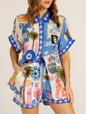 white pajama set with graphic print and collared