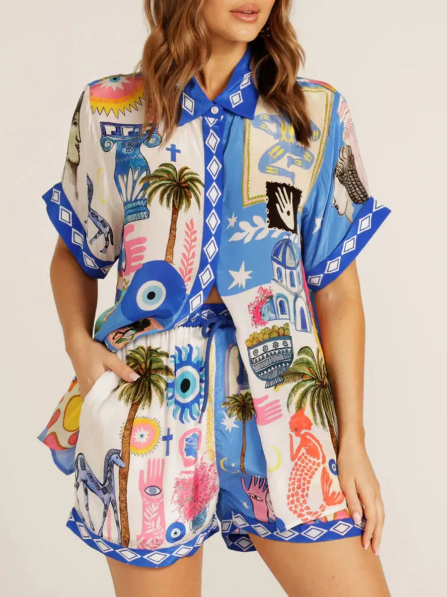 white pajama set with graphic print and collared