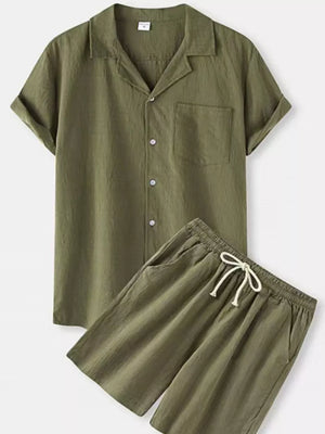 Men's olive green linen blend camp collar short sleeve shirt and drawstring shorts set