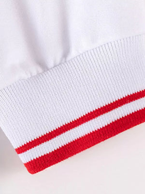 white sweatshirt and pants set with hip-length, full-length and pullover, elastic