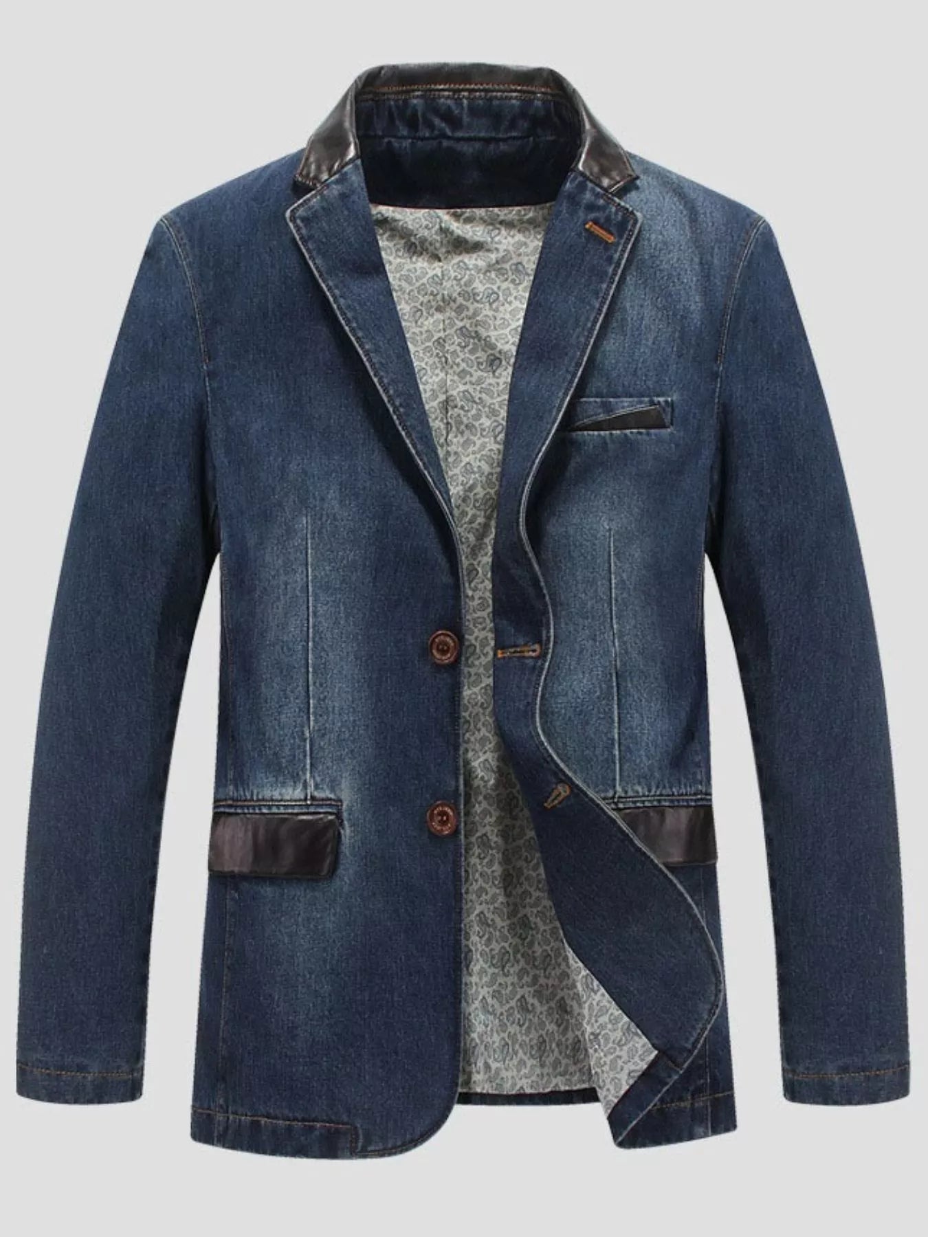 Men's denim blazer in blue with faux leather collar and pocket details, featuring a patterned lining.