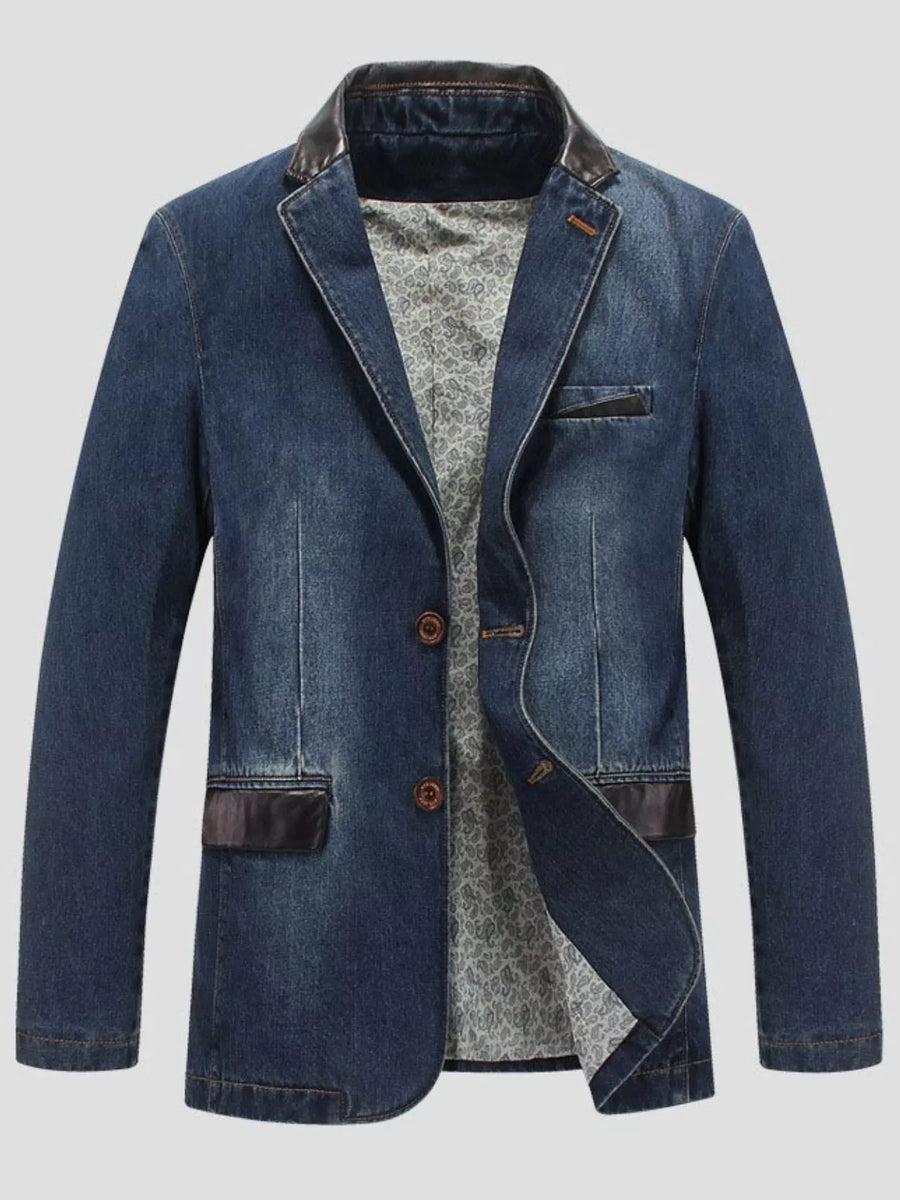 Men's denim blazer in blue with faux leather collar and pocket details, featuring a patterned lining.