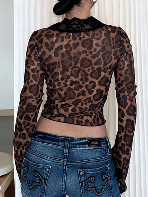 Leopard print sheer long sleeve t-shirt with black lace collar detail
