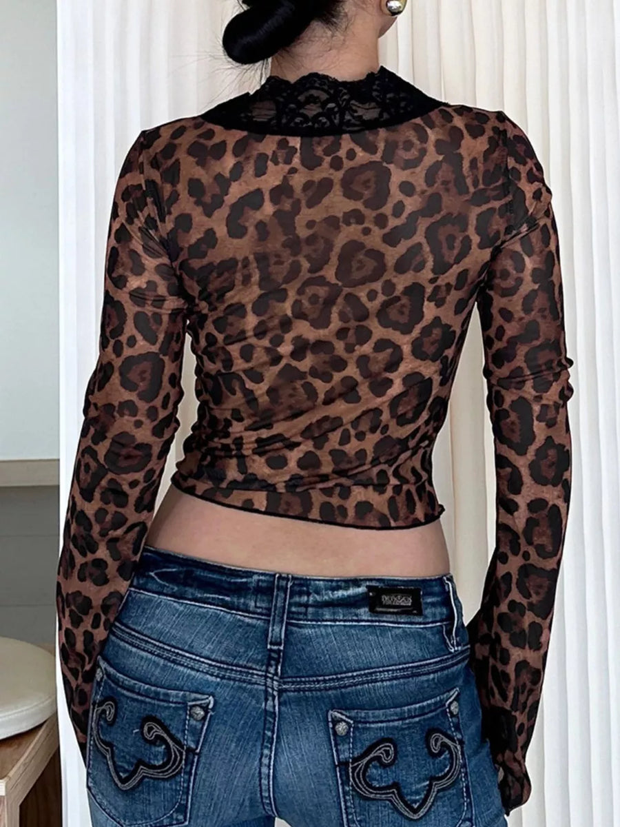 Leopard print sheer long sleeve t-shirt with black lace collar detail