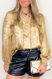 Metallic Sheen V Neck Gathered Cuff Blouse option 3