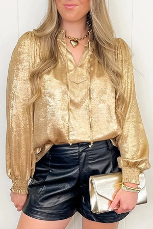 Metallic Sheen V Neck Gathered Cuff Blouse option 3