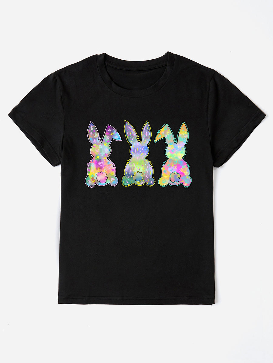 Black t-shirt with three colorful pastel bunny silhouettes graphic print