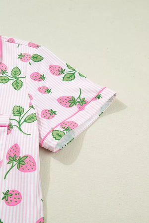 Pink striped pajama set with a whimsical strawberry print and contrast piping.