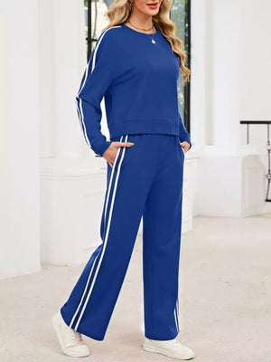 Striped Round Neck Sweatshirt And Pants Set in Black, view 18