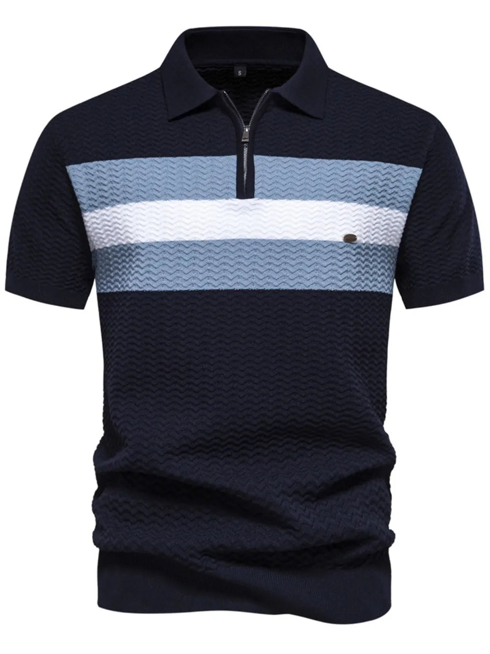 Dark Navy polo shirt with chevron stripes, quarter zip, and textured fabric.