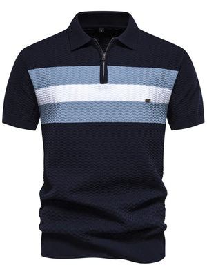 Dark Navy polo shirt with chevron stripes, quarter zip, and textured fabric.
