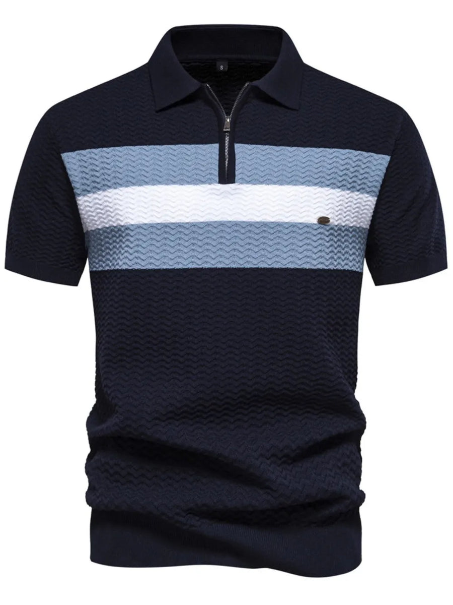 Dark Navy polo shirt with chevron stripes, quarter zip, and textured fabric.