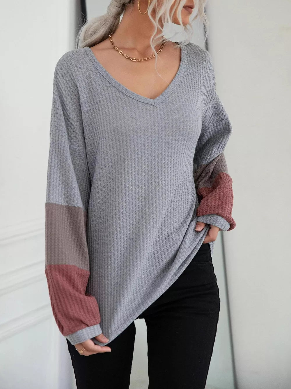 Gray t-shirt featuring waffle-knit and waffle knit